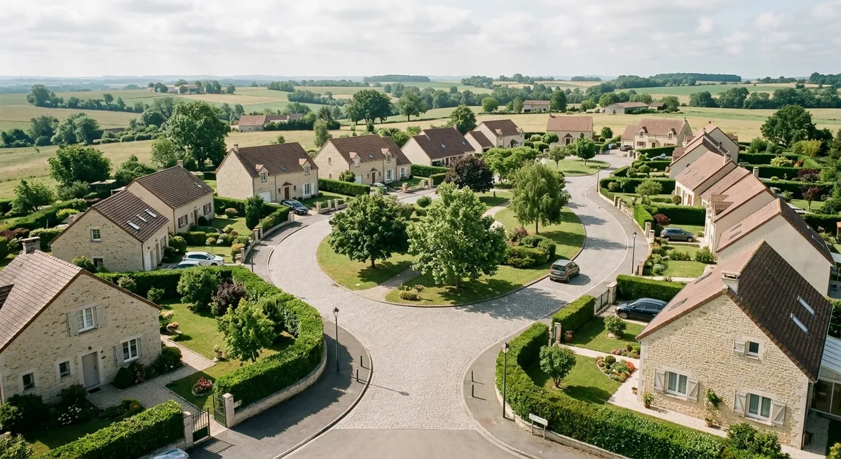 Vue d’ensemble d’un lotissement pavillonnaire avec voirie et espaces verts communs